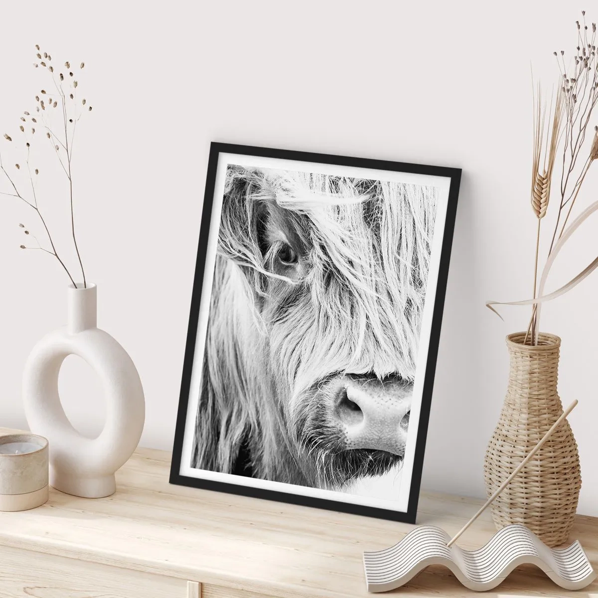 Plakat w czarnej ramie - Czarno-biały portret krowy szkockiej rasy wyżynnej w zbliżeniu - 50x70cm - Szkocka dzikość - Nowoczesna dekoracja ścienna do salonu i sypialni ARTTOR