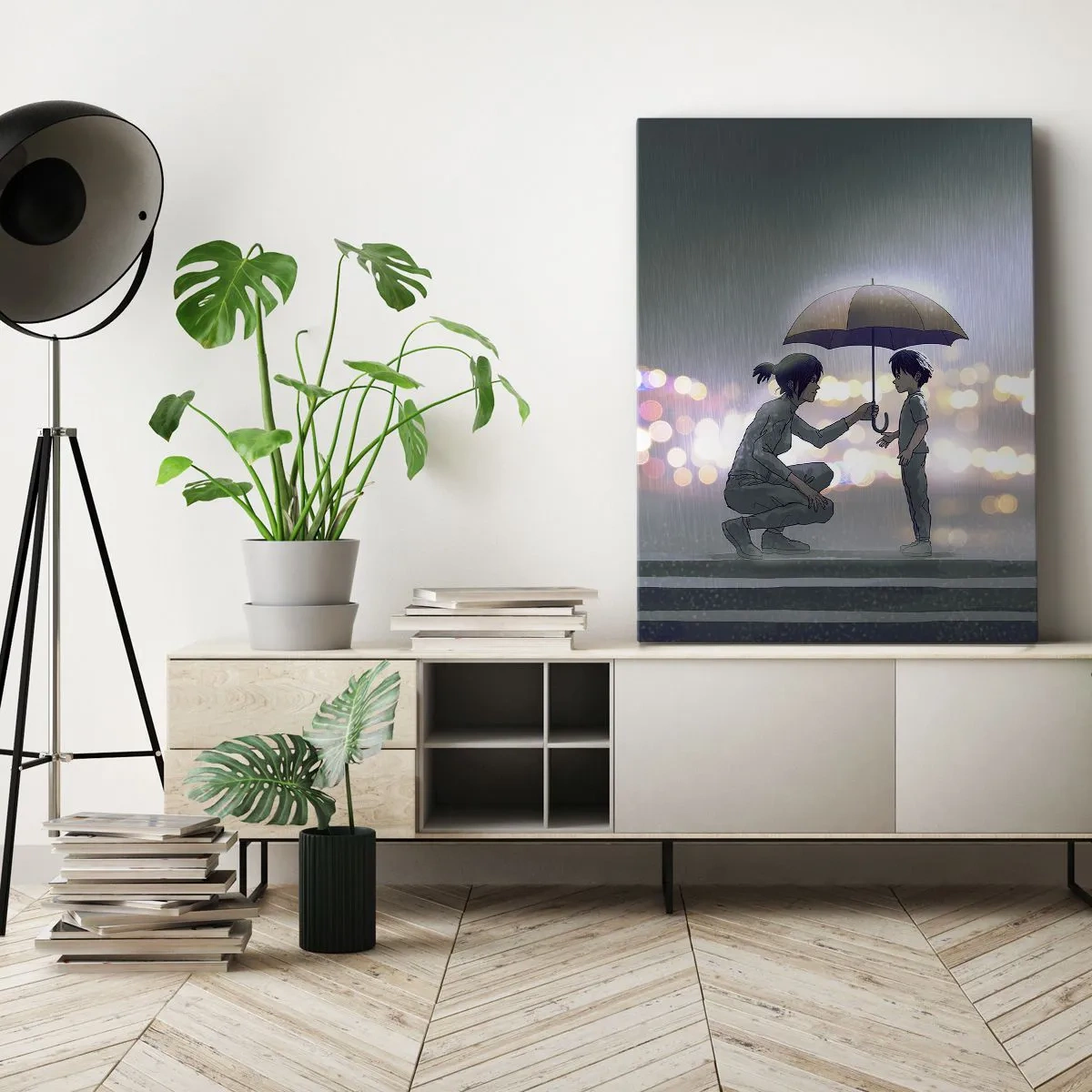 Obraz na płótnie - Postać klęcząca podaje parasol dziecku na tle świateł - 50x70cm - I już jest wszystko dobrze - Nowoczesna dekoracja ścienna do salonu, kuchni i sypialni ARTTOR