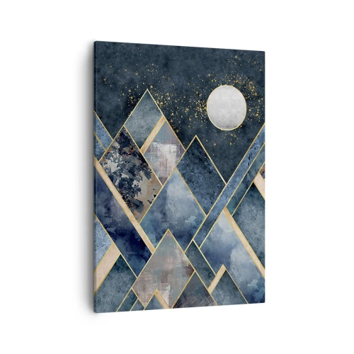 Obraz na płótnie - Geometryczny pejzaż gór w odcieniach granatu, złota i bieli z księżycem na nocnym niebie - 50x70cm - Pejzaż geometryczny - Nowoczesna dekoracja ścienna do salonu, kuchni i sypialni ARTTOR
