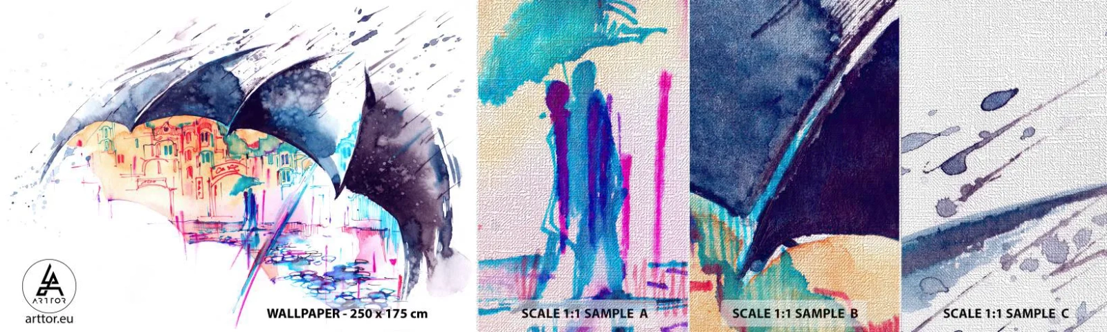 Fototapeta Próbka Premium Canvas - Spacer w deszczu - Abstrakcja, Parasol, Architektura - 100x30 cm