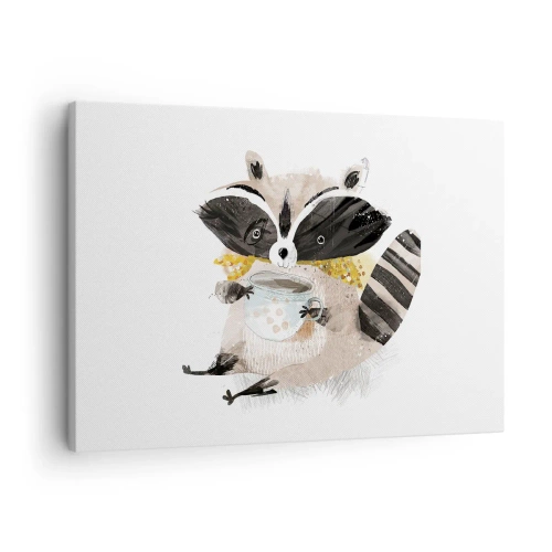 Obraz na płótnie - Uroczy szop trzymający kubek w pastelowych kolorach - 70x50cm - Mój przyjaciel szop - Nowoczesna dekoracja ścienna do salonu i sypialni ARTTOR