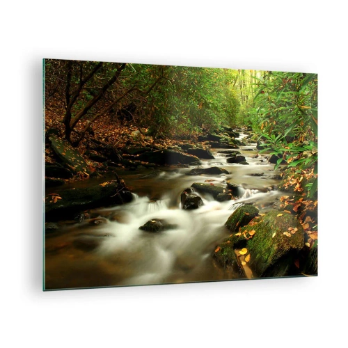 Obraz na szkle - Strumień w lesie otoczony kamieniami i liśćmi - 70x50cm - Jak płynne srebro - Nowoczesna dekoracja ścienna do salonu i sypialni ARTTOR