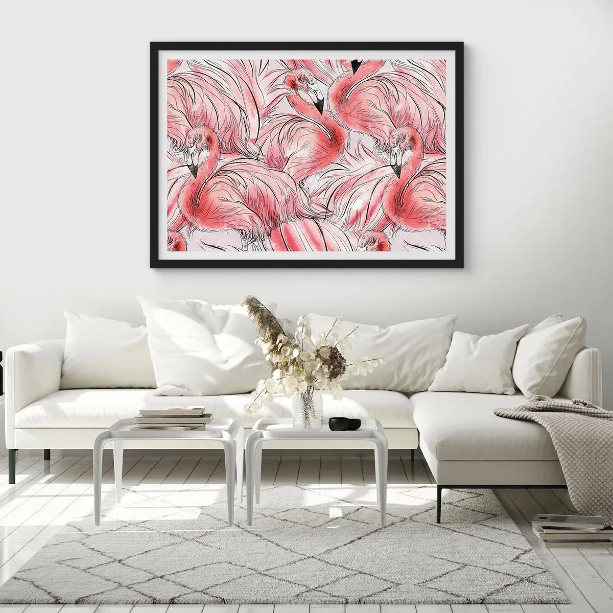 Plakat w czarnej ramie - Delikatne rysunki różowych flamingów - 100x70cm - Ptasi corps de ballet - Nowoczesna dekoracja ścienna do salonu i sypialni ARTTOR