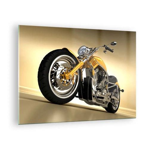 Obraz na szkle - Złoty motocykl w stylu custom na tle jasnym - 70x50cm - Marzenie o sile i prędkości - Nowoczesna dekoracja ścienna do salonu i sypialni ARTTOR