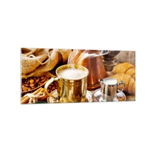Obraz na szkle - Złoty kubek z kawą w otoczeniu ziaren, dzbanuszków i croissantów - 120x50cm - Miłego dnia! - Nowoczesna dekoracja ścienna do salonu i sypialni ARTTOR