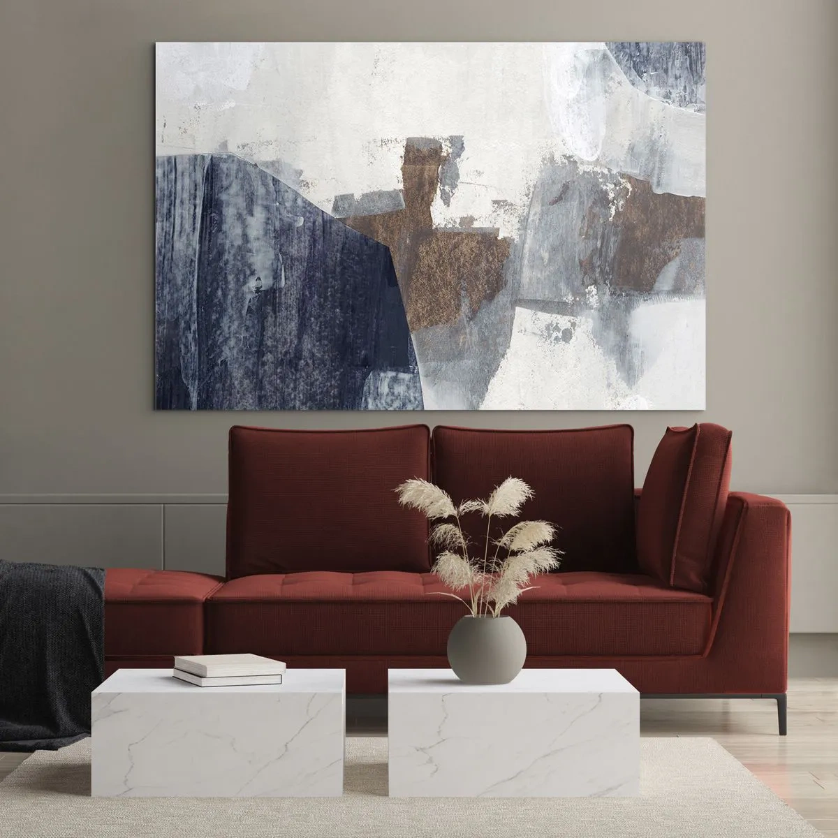 Obraz na szkle - Geometryczne formy w błękicie, brązie i bieli - 70x50cm - Błękitno-brunatne kształty - Nowoczesna dekoracja ścienna do salonu i sypialni ARTTOR