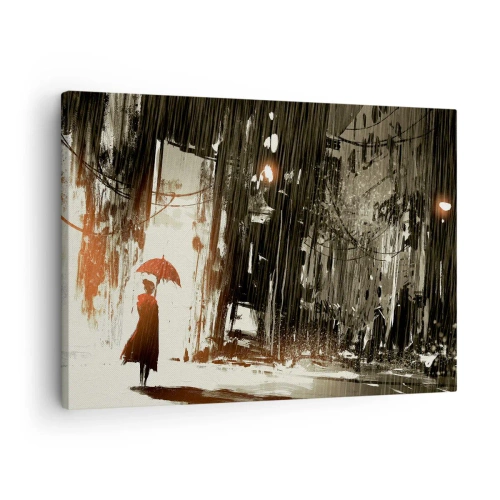 Obraz na płótnie - Czerwona postać z parasolem w deszczowej scenerii - 70x50cm - Poezja czerwonego parasola - Nowoczesna dekoracja ścienna do salonu i sypialni ARTTOR