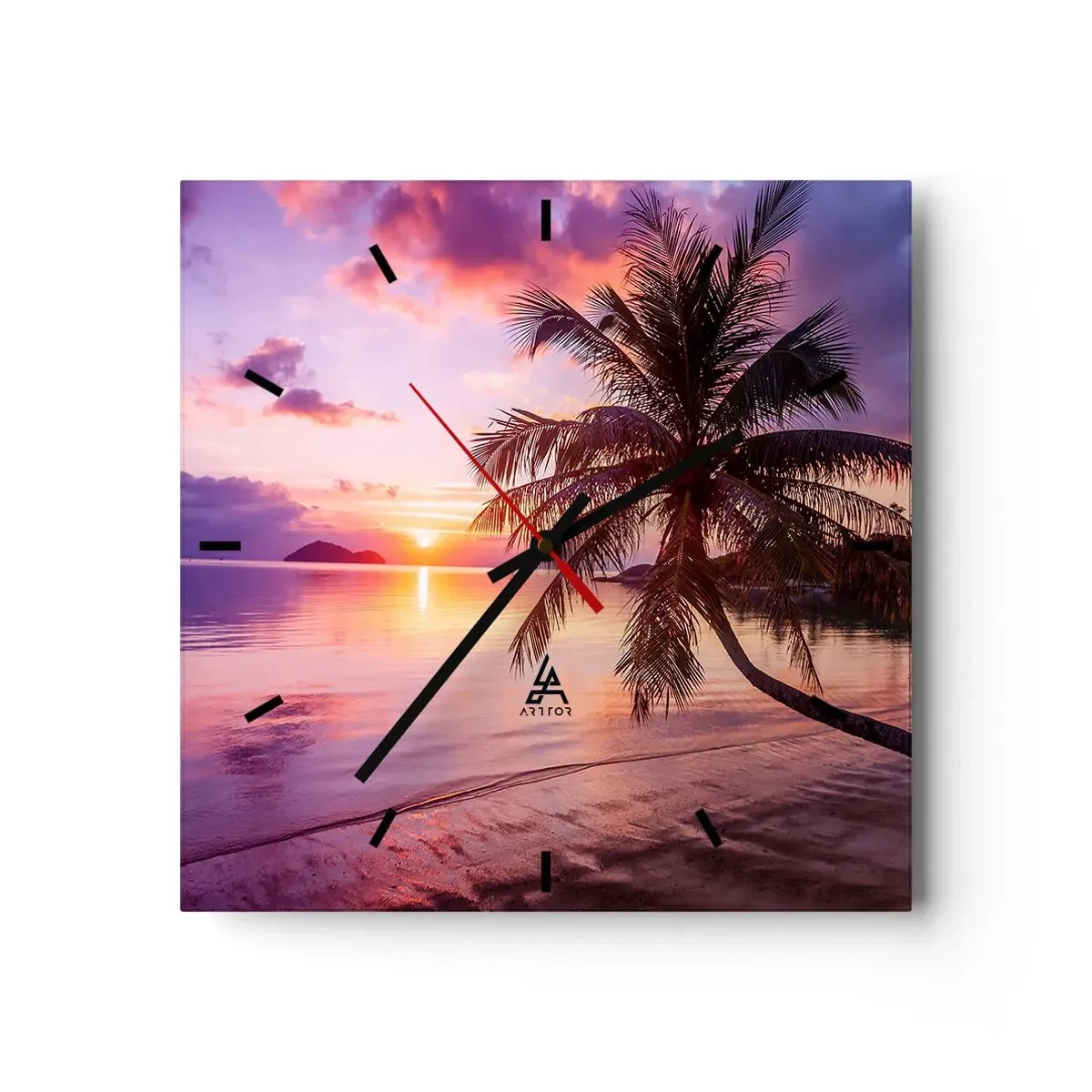 Zegar ścienny - Tropikalna plaża z palmą o zachodzie słońca - 30x30cm - Błogość aż po horyzont - Nowoczesna dekoracja ścienna do salonu i sypialni ARTTOR