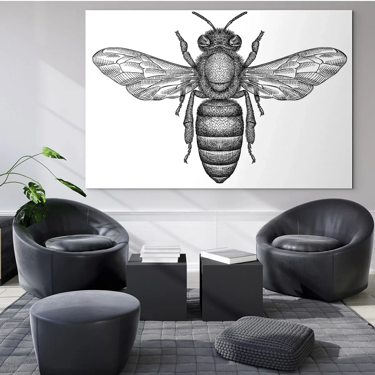 Obraz na szkle - Szczegółowa ilustracja pszczoły w stylu retro na białym tle - 70x50cm - Owadzi portret - Nowoczesna dekoracja ścienna do salonu i sypialni ARTTOR