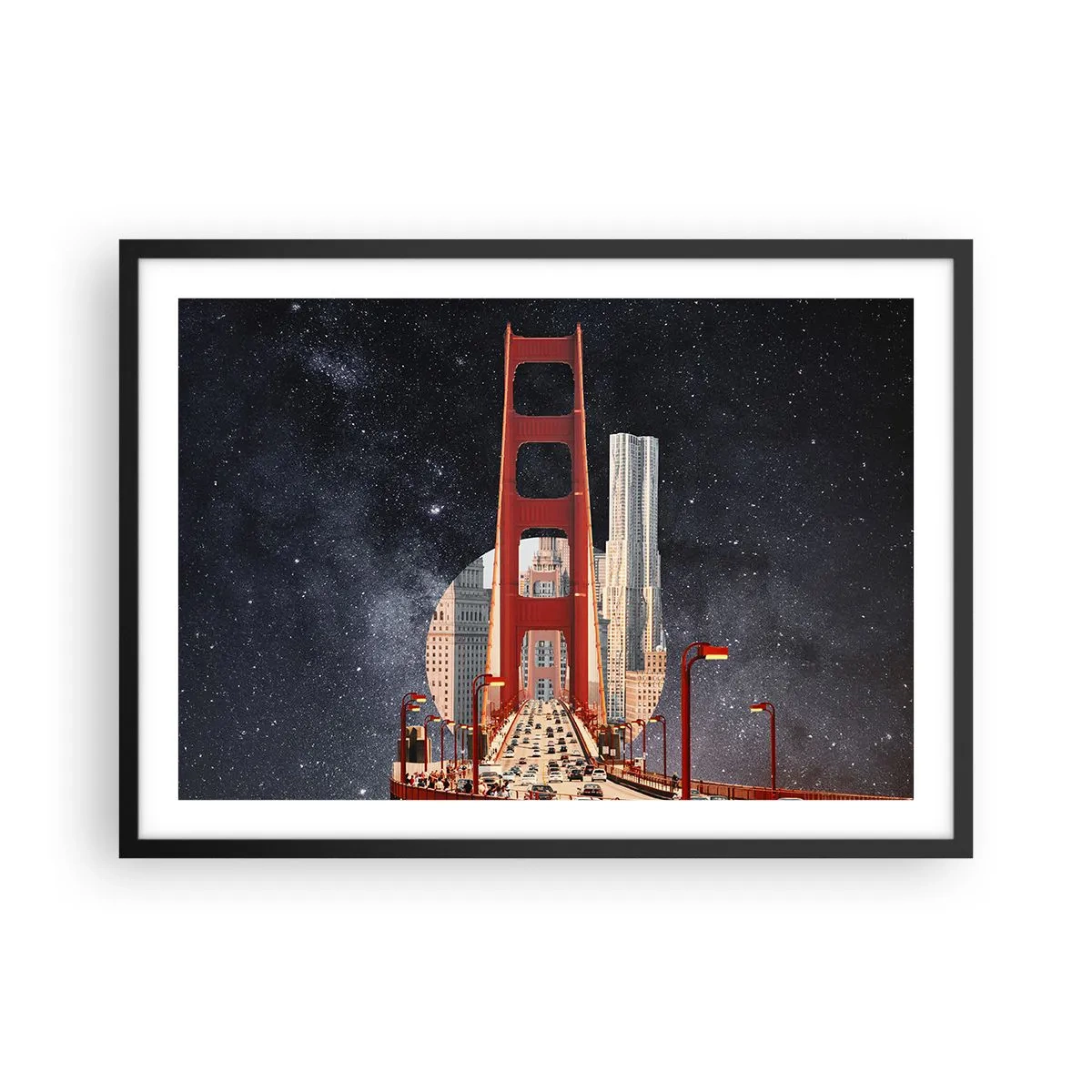 Plakat w czarnej ramie - Most Golden Gate z miastem w tle na tle gwiaździstego nieba - 70x50cm - Zawsze w centrum - Nowoczesna dekoracja ścienna do salonu i sypialni ARTTOR