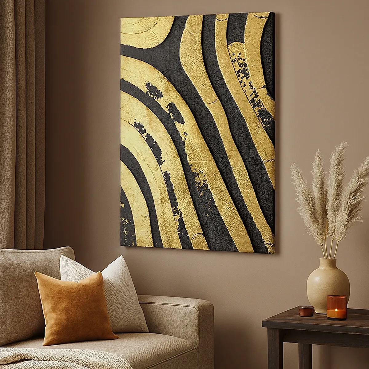 Obraz na płótnie - Abstrakcyjna kompozycja złotych i czarnych fal w stylu glamour - 50x70cm - Wszystko płynie - Nowoczesna dekoracja ścienna do salonu, kuchni i sypialni ARTTOR