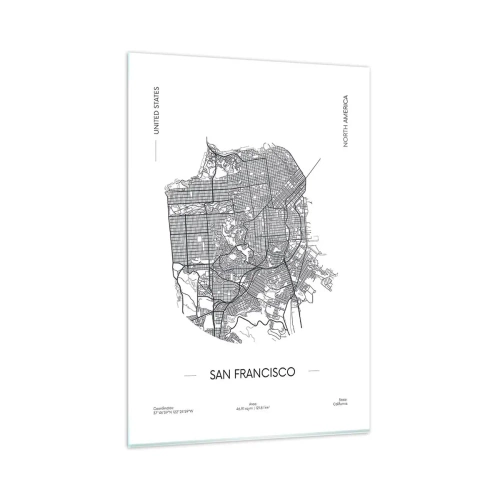 Obraz na szkle - Mapa San Francisco w czarno-białym stylu minimalistycznym - 80x120cm - Anatomia San Francisco - Nowoczesna dekoracja ścienna do salonu i sypialni ARTTOR