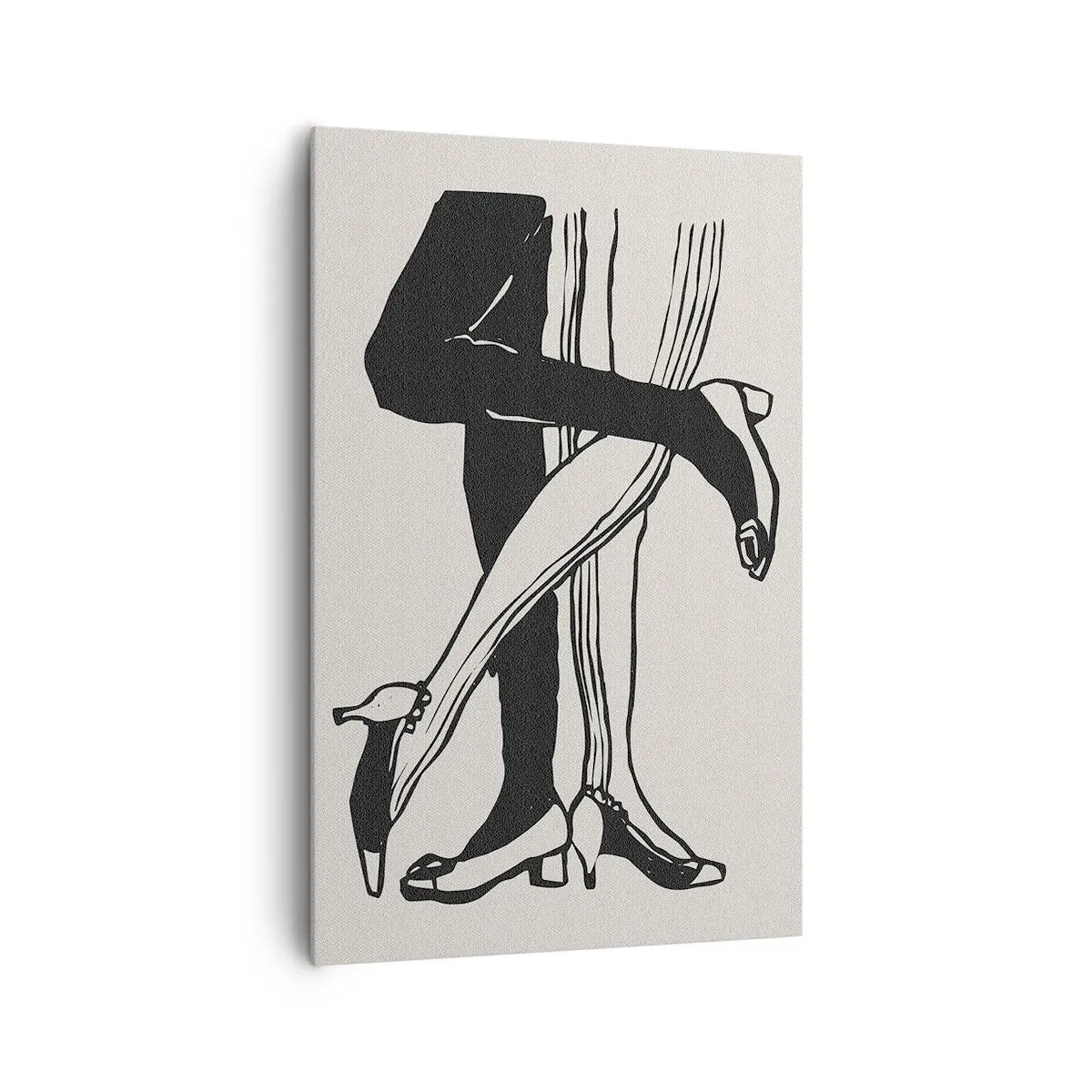 Obraz na płótnie - Minimalistyczna czarno-biała ilustracja splecionych nóg tańczącej pary - 80x120cm - Kobiecy atrybut - Nowoczesna dekoracja ścienna do salonu i sypialni ARTTOR