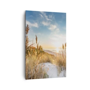 Obraz na płótnie - Malownicza plaża z trawami i zachodzącym słońcem - 80x120cm - Północna plaża - Nowoczesna dekoracja ścienna do salonu i sypialni ARTTOR