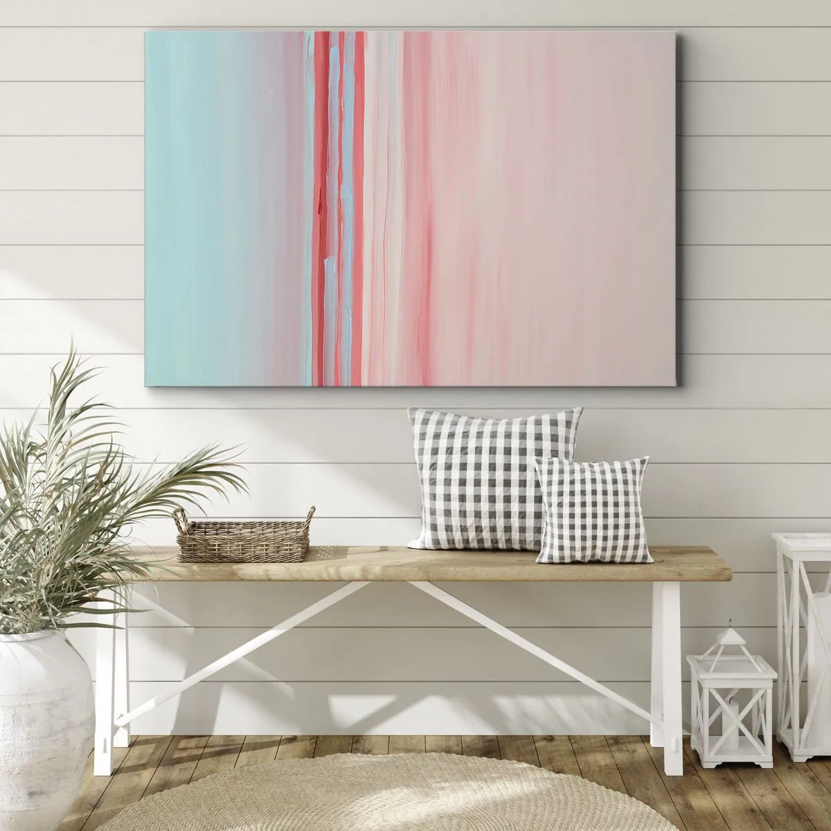 Obraz na płótnie - Pastelowe linie w odcieniach różu i błękitu w minimalistycznej kompozycji - 70x50cm - Abstrakcja o świcie - Nowoczesna dekoracja ścienna do salonu i sypialni ARTTOR
