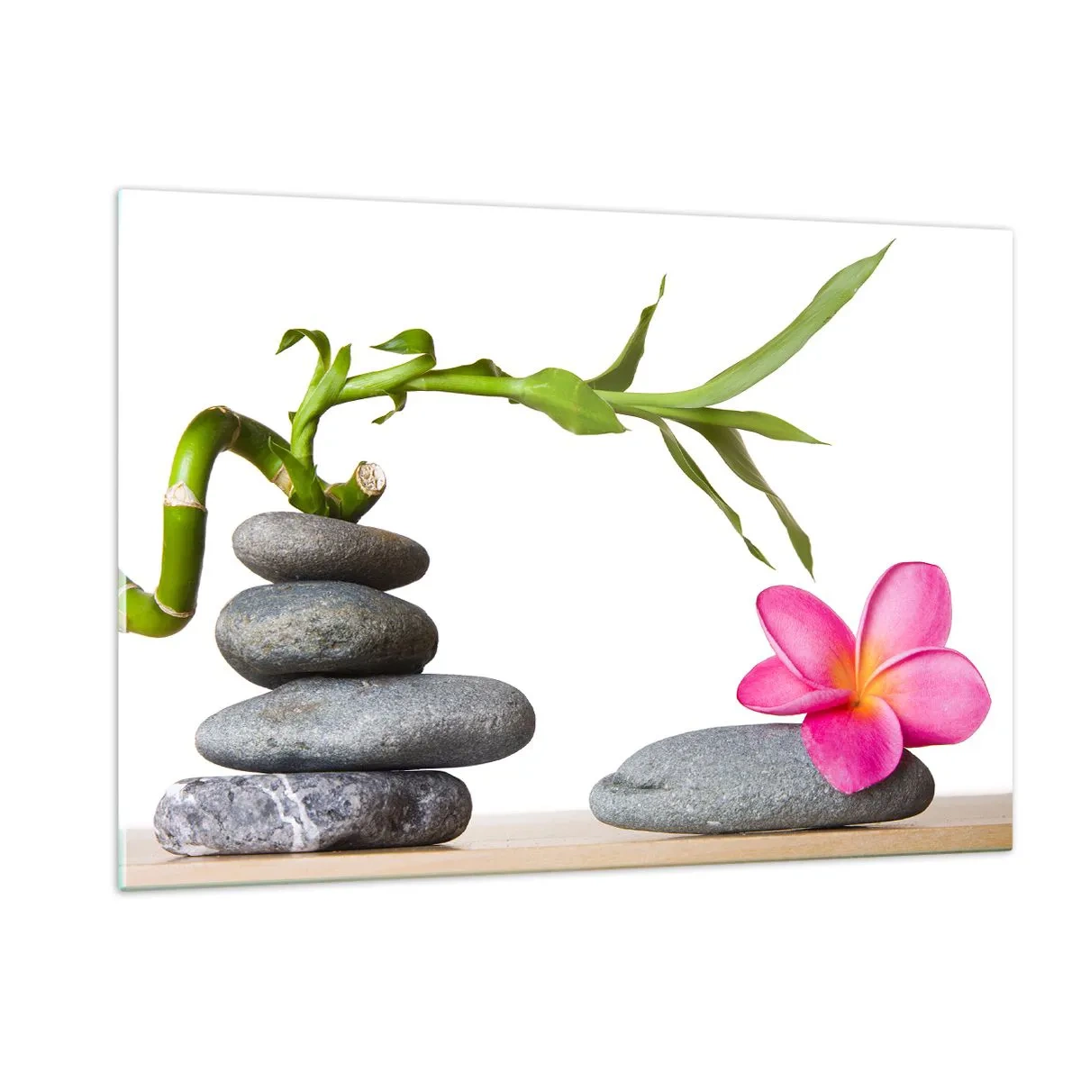Obraz na szkle - Bambus, różowy kwiat i kamienie na białym tle - 120x80cm - Kolory życia i trwania - Nowoczesna dekoracja ścienna do salonu, kuchni i sypialni ARTTOR