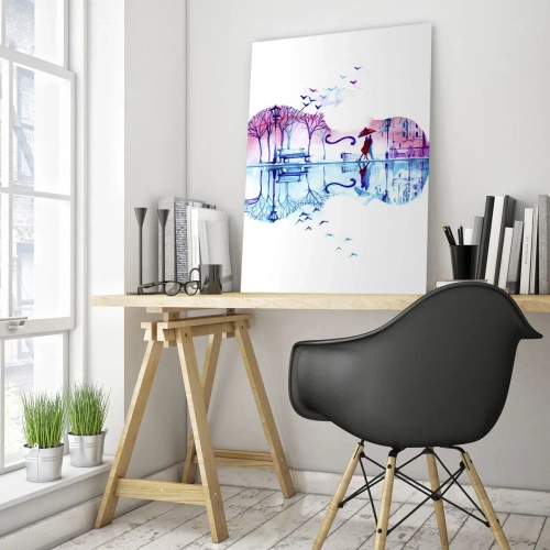 Obraz na szkle - Sylwetka miasta w kształcie skrzypiec w akwarelowych kolorach - 70x100cm - Kantyczki deszczu wam przyniosę - Nowoczesna dekoracja ścienna do salonu i sypialni ARTTOR