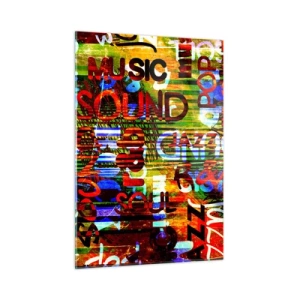 Obraz na szkle - Kolorowe napisy na tle artystycznej mozaiki - 50x70cm - Wszystkie barwy dźwięku - Nowoczesna dekoracja ścienna do salonu, kuchni i sypialni ARTTOR
