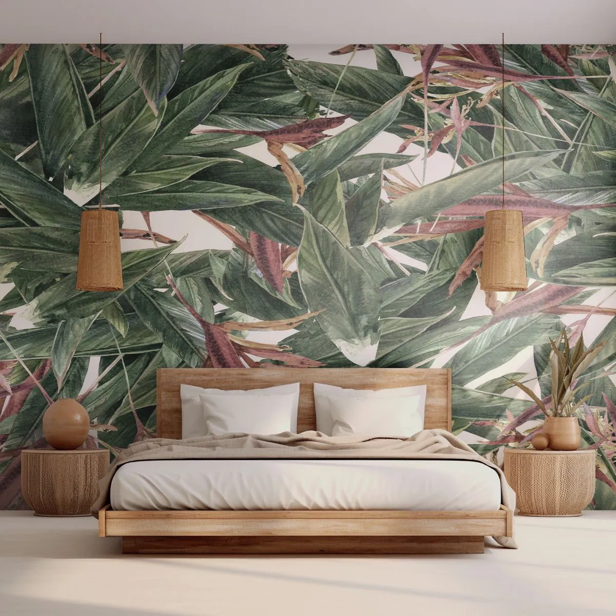 Fototapeta Premium Sand - Botaniczny wzór liści w naturalnej kolorystyce - 100x70cm - Szmaragdowo-liliowy gąszcz - Nowoczesna dekoracja ścienna do salonu, kuchni i sypialni ARTTOR