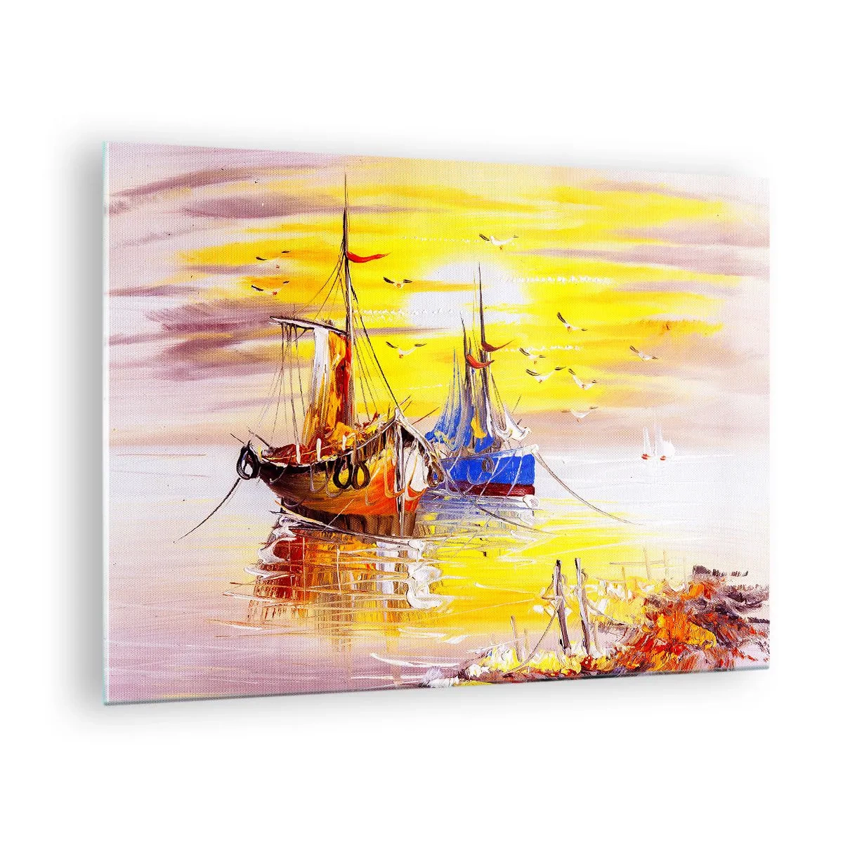 Obraz na szkle - Łodzie rybackie o zachodzie słońca na spokojnej wodzie - 70x50cm - Zasłużony odpoczynek w porcie - Nowoczesna dekoracja ścienna do salonu i sypialni ARTTOR