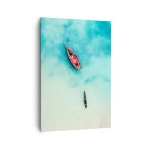 Obraz na płótnie - Łodzie na turkusowej wodzie widziane z lotu ptaka - 70x100cm - Bo na plażach Zanzibaru, kiedy nadmiar wód… - Nowoczesna dekoracja ścienna do salonu i sypialni ARTTOR