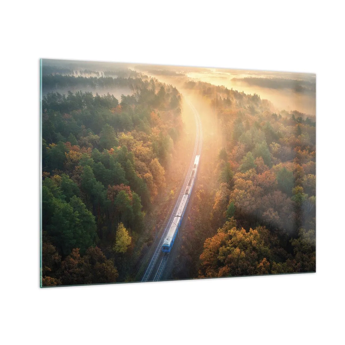 Obraz na szkle - Pociąg w malowniczej, jesiennej scenerii, pełen ciepła i nostalgii - 100x70cm - Jesienna podróż - Nowoczesna dekoracja ścienna do salonu, kuchni i sypialni ARTTOR