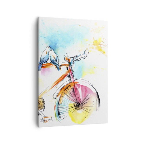 Obraz na płótnie - Akwarelowy rower z dwoma gołębiami na kierownicy w pastelowych barwach - 50x70cm - We dwoje na rowerze - Nowoczesna dekoracja ścienna do salonu, kuchni i sypialni ARTTOR