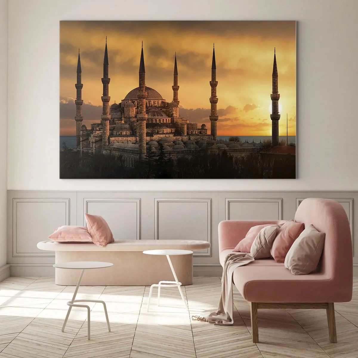 Obraz na szkle - Błękitny Meczet na tle zachodu słońca - 70x50cm - Bóg jest wielki - Nowoczesna dekoracja ścienna do salonu i sypialni ARTTOR