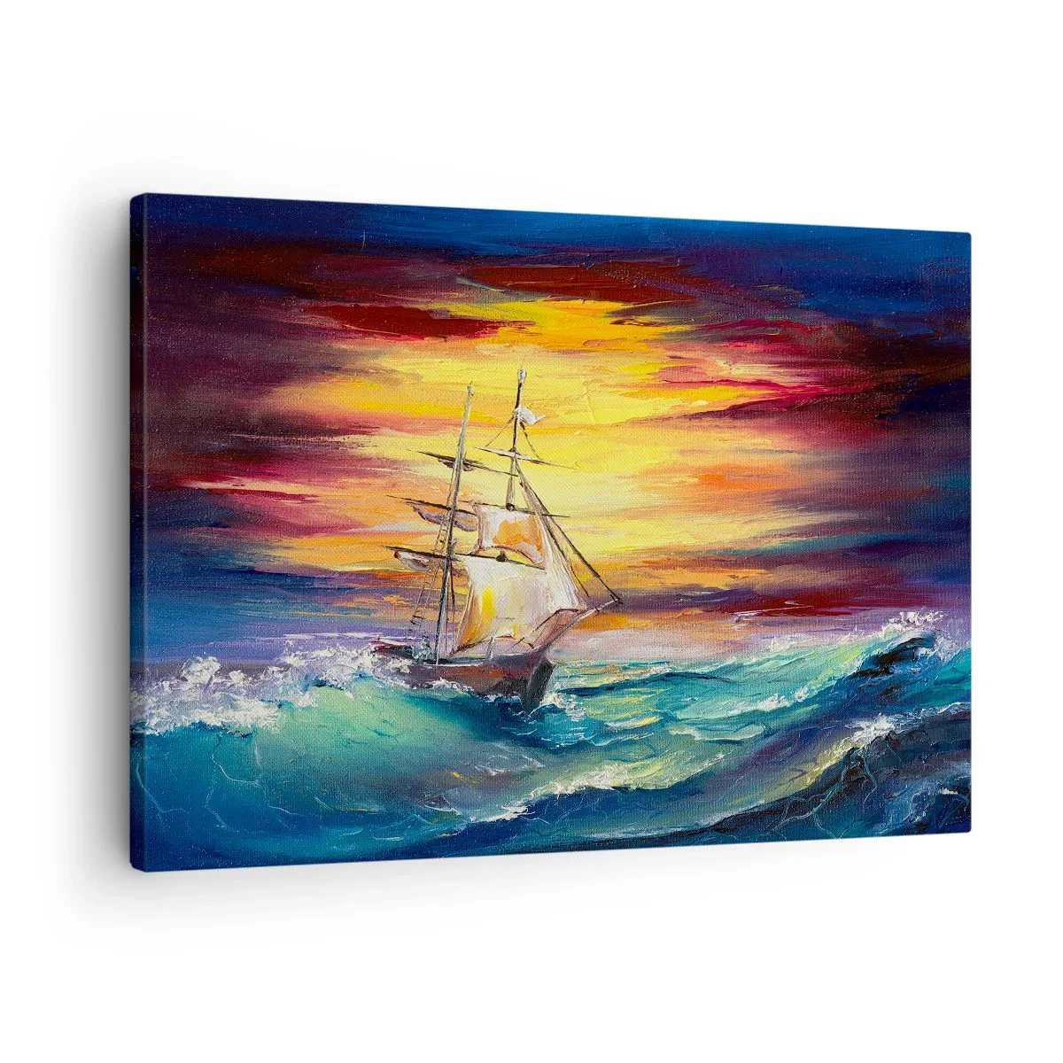 Obraz na płótnie - Żaglowiec na tle kolorowego zachodu słońca - 70x50cm - Dzielnie pod fale - Nowoczesna dekoracja ścienna do salonu i sypialni ARTTOR