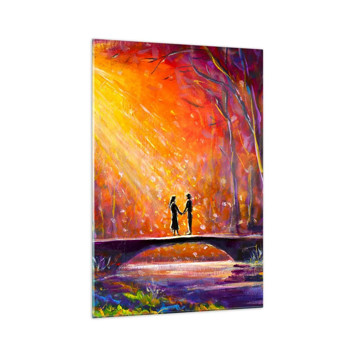 Obraz na szkle - Romantyczna para na moście w jesiennym lesie - 70x100cm - Niebo ich też kocha - Nowoczesna dekoracja ścienna do salonu i sypialni ARTTOR