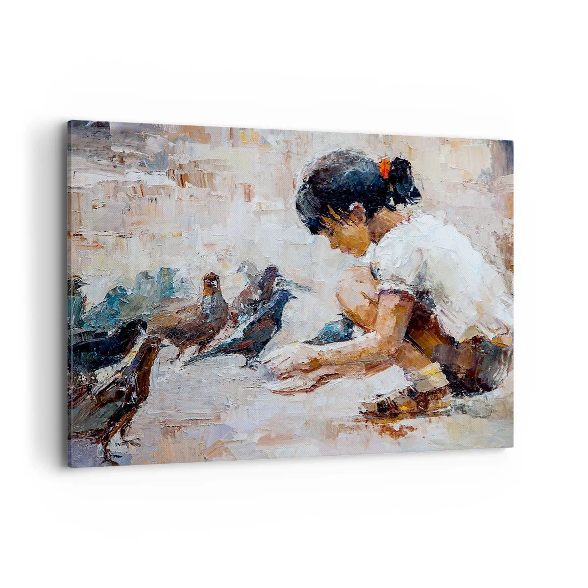 Obraz na płótnie - Dziewczynka karmiąca ptaki w malarskim stylu - 120x80cm - Maluczcy i najmilsi - Nowoczesna dekoracja ścienna do salonu, kuchni i sypialni ARTTOR