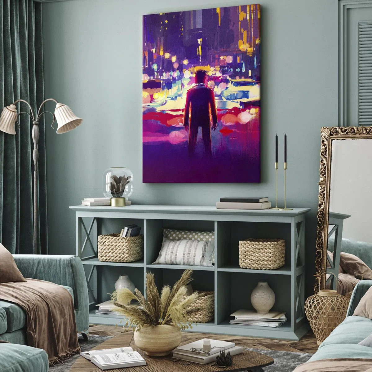 Obraz na płótnie - Postać w neonowej scenerii miasta pełnego świateł - 50x70cm - Zanurzony w świetle - Nowoczesna dekoracja ścienna do salonu, kuchni i sypialni ARTTOR