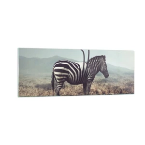 Obraz na szkle - Surrealistyczna zebra na tle trawiastego krajobrazu - 140x50cm - Uwaga! Usterka - Nowoczesna dekoracja ścienna do salonu i sypialni ARTTOR