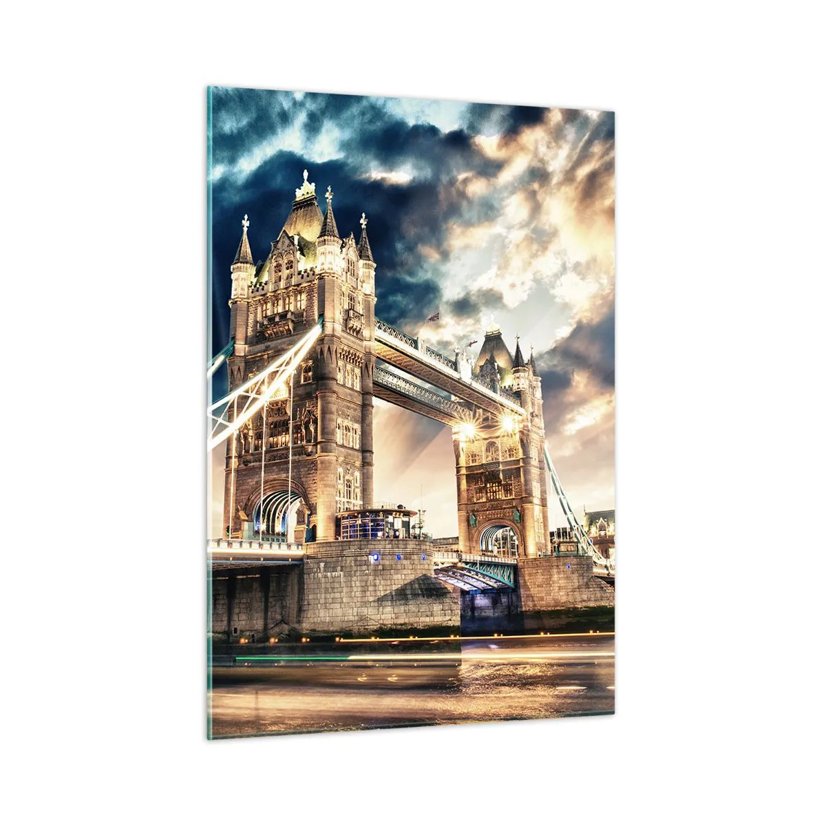 Obraz na szkle - Tower Bridge w Londynie na tle dramatycznego nieba - 50x70cm - Pomnik wiktoriańskiego imperium - Nowoczesna dekoracja ścienna do salonu, kuchni i sypialni ARTTOR