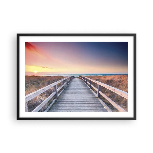 Plakat w czarnej ramie - Drewniany pomost prowadzący na plażę o zachodzie słońca z pastelowymi barwami nieba - 70x50cm - Bałtycka wieczorna zorza - Nowoczesna dekoracja ścienna do salonu i sypialni ARTTOR