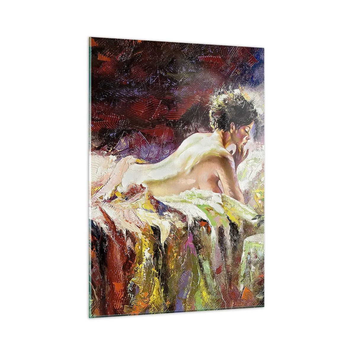 Obraz na szkle - Impresjonistyczny akt kobiety na kolorowej tkaninie - 50x70cm - Zamyślona Wenus - Nowoczesna dekoracja ścienna do salonu, kuchni i sypialni ARTTOR