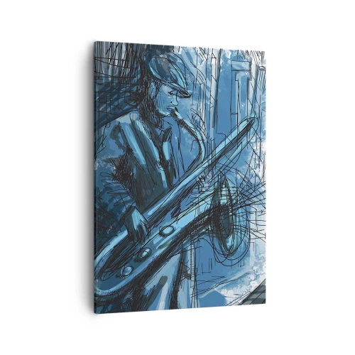 Obraz na płótnie - Muzyk grający na saksofonie w miejskim otoczeniu - 50x70cm - Miejska rapsodia - Nowoczesna dekoracja ścienna do salonu, kuchni i sypialni ARTTOR