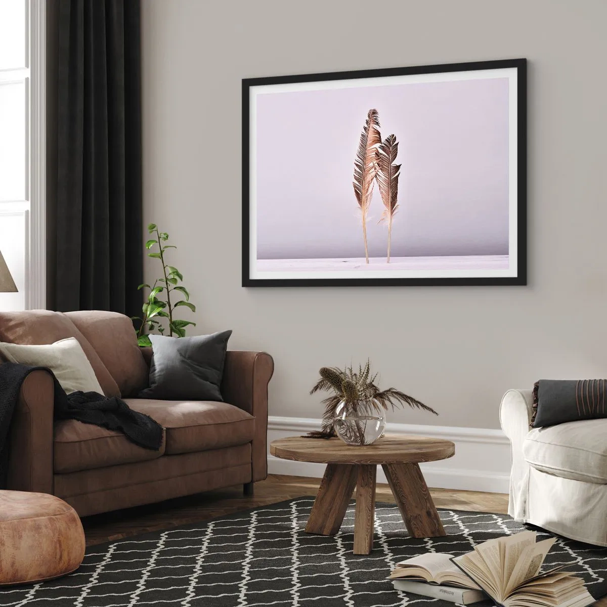 Plakat w czarnej ramie - Delikatne pióra na jasnym tle w minimalistycznym stylu - 100x70cm - Przeciw nicości - Nowoczesna dekoracja ścienna do salonu i sypialni ARTTOR