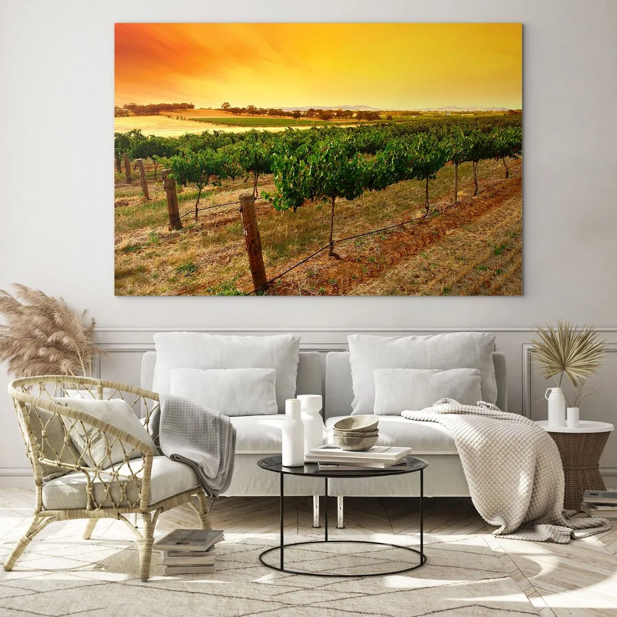 Obraz na szkle - Winorośl w ciepłym świetle zachodzącego słońca - 70x50cm - Napić się słońca - Nowoczesna dekoracja ścienna do salonu i sypialni ARTTOR
