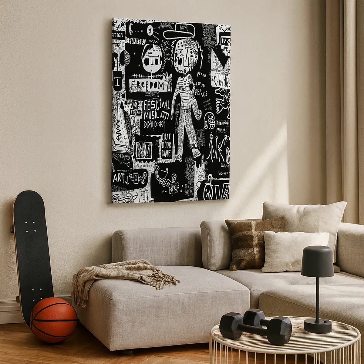 Obraz na płótnie - Czarno-biała grafika z elementami pop-artu i symbolami - 50x70cm - Duchowej młodości prawa i radości - Nowoczesna dekoracja ścienna do salonu, kuchni i sypialni ARTTOR