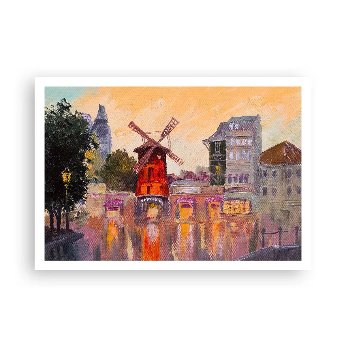 Plakat - Czerwony wiatrak Moulin Rouge otoczony miejskim pejzażem - 100x70cm - Paryskie ikony – Moulin Rouge - Nowoczesna dekoracja ścienna do salonu i sypialni ARTTOR