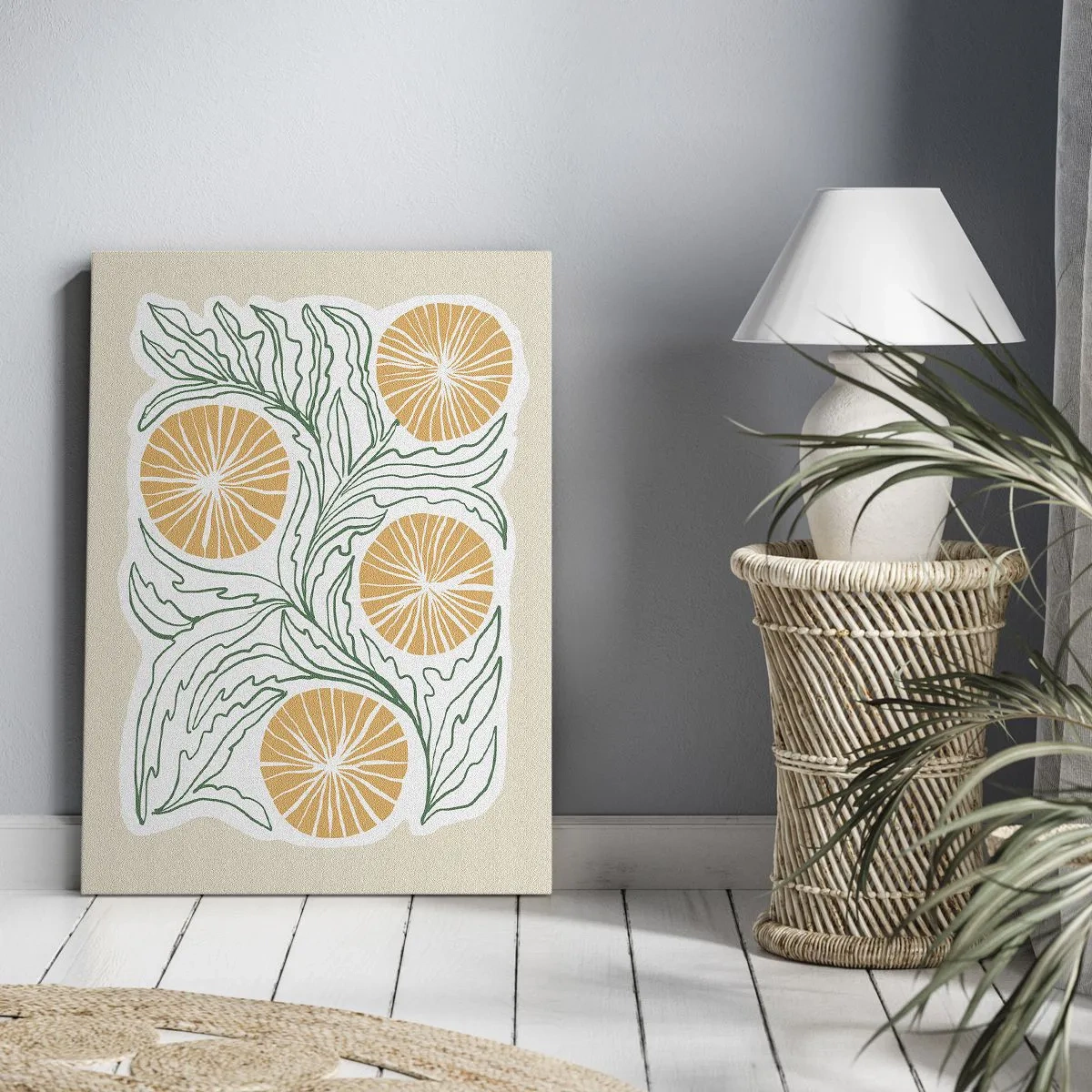 Obraz na płótnie - Minimalistyczny motyw pomarańczy z zielonymi liśćmi - 80x120cm - Etnicznie z nutą abstrakcji - Nowoczesna dekoracja ścienna do salonu i sypialni ARTTOR