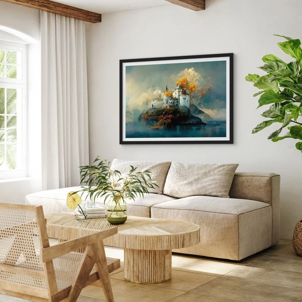 Plakat w czarnej ramie - Zamek na wzgórzu otoczony jesiennymi drzewami - 70x50cm - Początek romantycznej opowieści - Nowoczesna dekoracja ścienna do salonu i sypialni ARTTOR