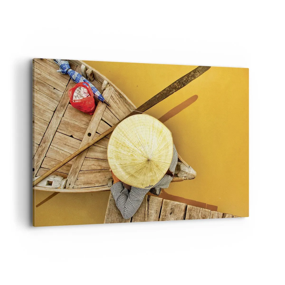 Obraz na płótnie - Tradycyjna łódź widziana z lotu ptaka - 120x80cm - Życie na żółtej rzece - Nowoczesna dekoracja ścienna do salonu, kuchni i sypialni ARTTOR