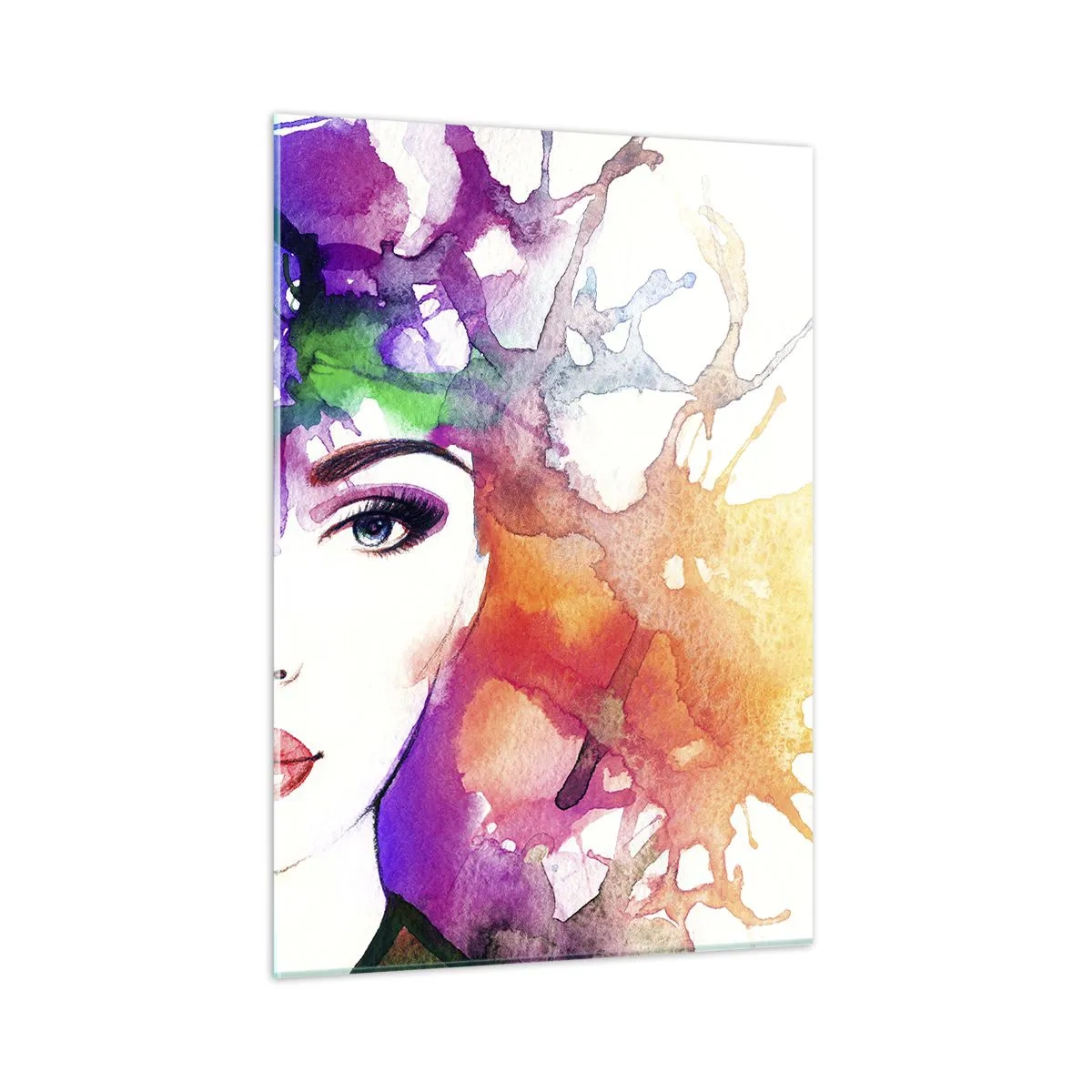 Obraz na szkle - Kobieta z rozmytym, kolorowym tłem w stylu akwarelowym - 50x70cm - Z głową w chmurach - Nowoczesna dekoracja ścienna do salonu, kuchni i sypialni ARTTOR