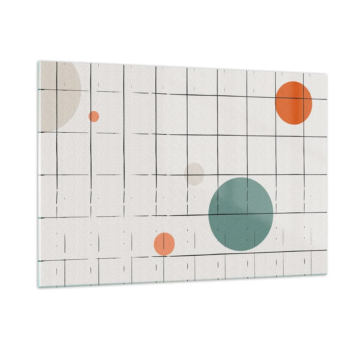 Obraz na szkle - Kolorowe koła na tle geometrycznej siatki z cienkich linii - 120x80cm - Uwięzione. My czy one? - Nowoczesna dekoracja ścienna do salonu, kuchni i sypialni ARTTOR