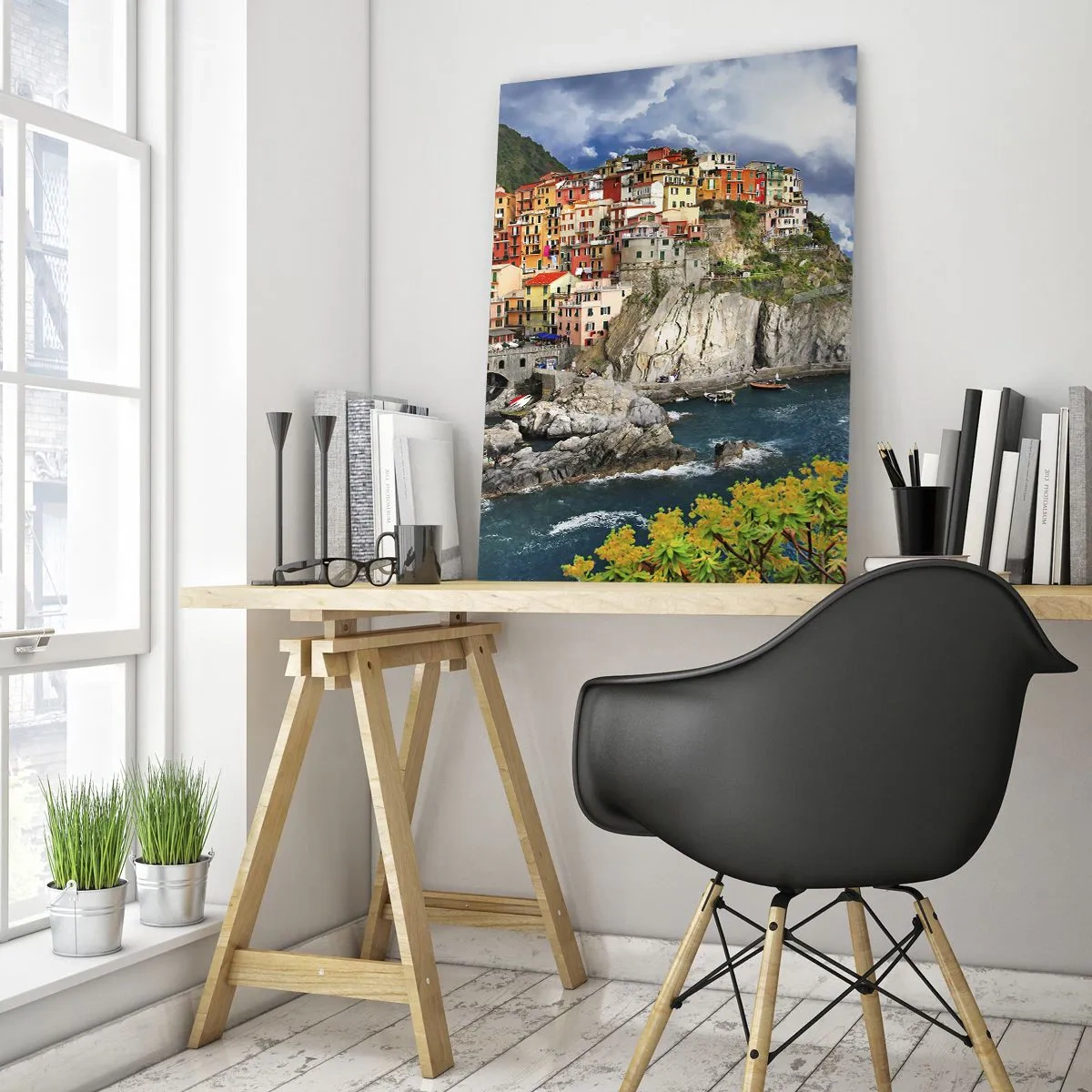 Obraz na szkle - Kolorowe miasteczko na klifie nad morzem - 50x70cm - Gromadka przytulona do skał - Nowoczesna dekoracja ścienna do salonu, kuchni i sypialni ARTTOR