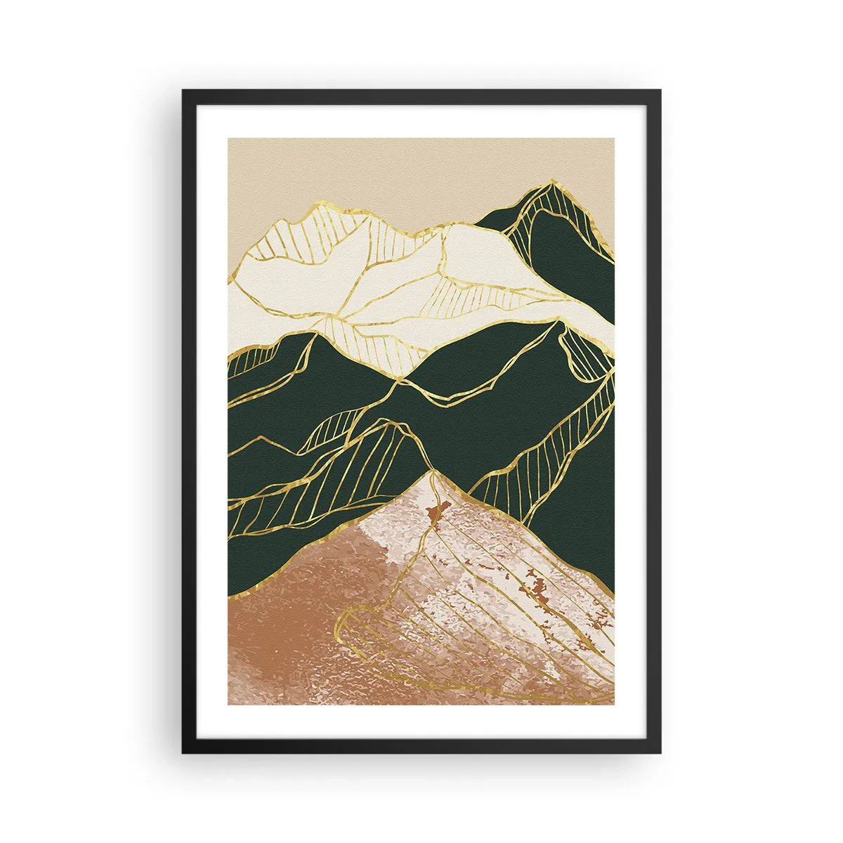 Plakat w czarnej ramie - Złote szczyty - Abstrakcyjne złote linie tworzące górski pejzaż - 50x70cm