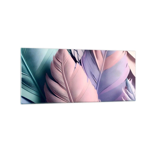 Obraz na szkle - Kolorowe pióra w pastelowych odcieniach na jasnym tle - 120x50cm - Ptasi szyk - Nowoczesna dekoracja ścienna do salonu i sypialni ARTTOR