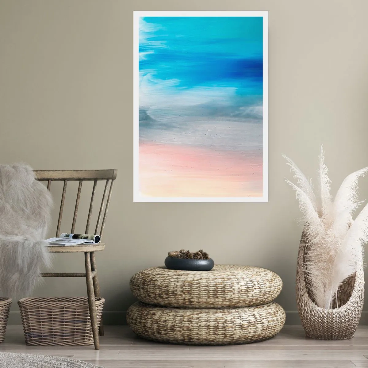 Plakat - Abstrakcyjna kompozycja w odcieniach błękitu, szarości i beżu - 50x70cm - Żywioły: powietrze - Nowoczesna dekoracja ścienna do salonu, kuchni i sypialni ARTTOR